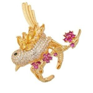 Gold Bird Statement Ring – Crystal & Ruby Red Accents 🐦✨